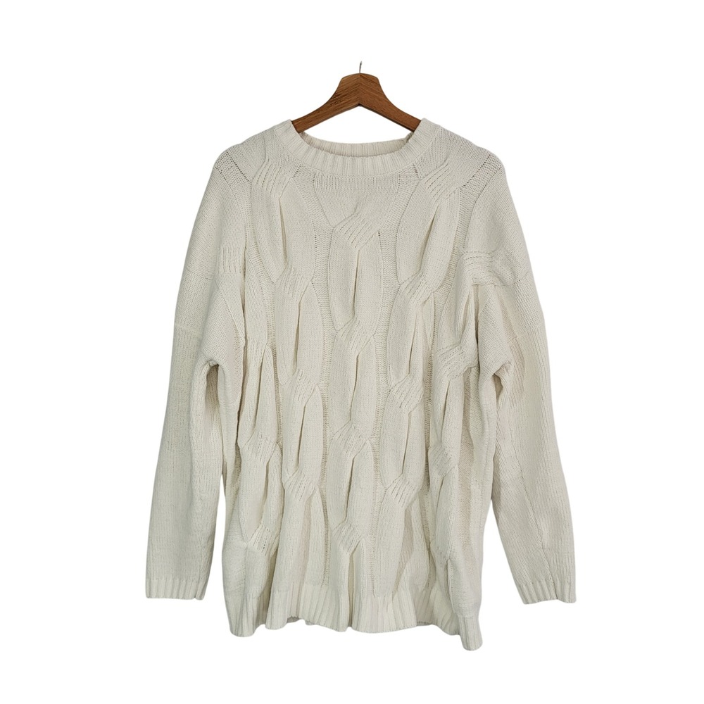 J Jill Chenille Cable Knit Sweater L Tall Cream Soft Cozy Minimalist Hygge
